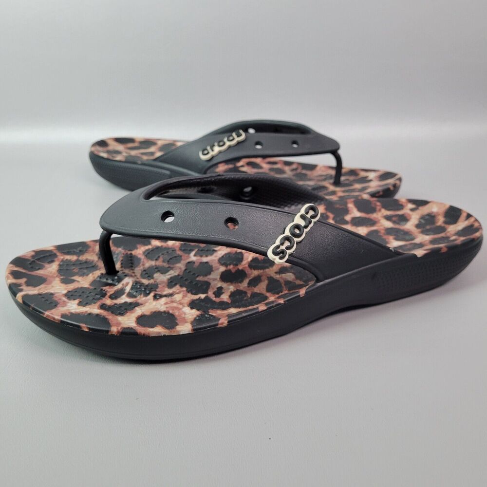 Crocs Classic Animal Remix Flip Flops Black Leopard Men's Size 12 Slide
